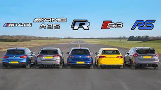 AMG A35 v BMW M140i v Golf R v Audi S3 v Focus RS  DRAG RACE ROLLING RACE amp BRAKE TEST [upl. by Raquela73]