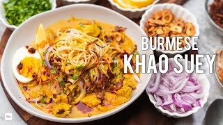 Burmese Khao suey recipe  Chicken Khao suey recipe  Khow suey condiments  Chilli oil  birista [upl. by Dubenko]