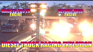 TRUCK RACING MACK E6 285 2V ENGINE VS DETROIT 8V92 DRAG FASTEST DIESEL [upl. by Einalem697]