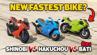 GTA 5 Online SHINOBI VS HAKUCHOU VS BATI 801 WHICH IS FASTEST MOTORCYCLE [upl. by Iorio]