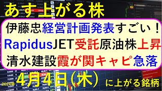 あす上がる株 2024年４月４日（木）に上がる銘柄 ～最新の日本株での株式投資。初心者でも。伊藤忠商事、Rapidus、ジェイ・イー・ティ 、霞ヶ関キャピタル、清水建設、小林製薬の空売りと株価～ [upl. by Ahsienat602]