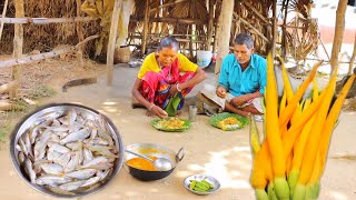 SMALL FISH CURRY with TARO ROOT FLOWER and parwal vaji cookingampeating by santali tribe couple [upl. by Turley]