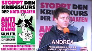 Antisiko 2022 Rede von Andrea für das Aktionbündnis gegen die NATO Sicherheitskonferenz 1922022 [upl. by Nepsa910]