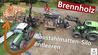 Brennholz BaustahlmattenSilo mit Polypgreifer und Rückewagen entleeren  BMF14T2Pro  Fendt 511C [upl. by Netsud]