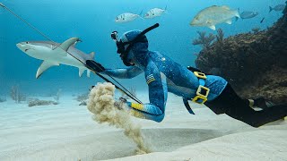 Spearfishing in Sharky Waters KNIFE v SHARK [upl. by Leduar992]