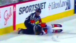 Trevor Zegras Hit with Accidental Body Check from the Referee FULL CLIP Ducks vs Flames [upl. by Danie]