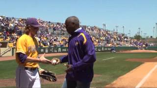 Carl Lewis With quotFirst Pitchquot at LSU Baseball [upl. by Alrac]