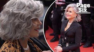 Jane Fonda 86 rocks red lipstick amp sparkling jumpsuit on the Cannes Film Festival 2024 red carpet [upl. by Devinna]