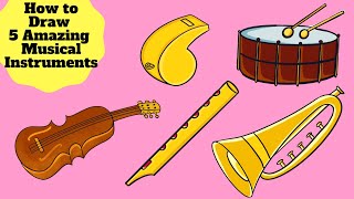 How to Draw 5 Amazing Music Instruments Step by step [upl. by Nautna]