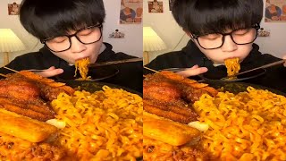 ASMR MUKBANG  Bacon enoki mushrooms Spicy stirfried noodles spicy giant squid Fried Skewers [upl. by Nedmac]