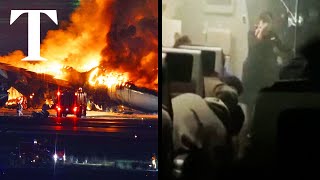 Moment Japan Airlines plane evacuated after explosion in Tokyo [upl. by Schaeffer]