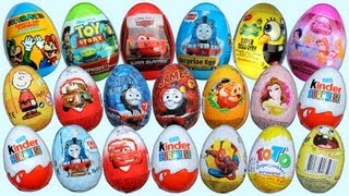 20 Surprise Eggs Kinder Surprise Disney Pixar Cars 2 Thomas Spongebob [upl. by Nezam]