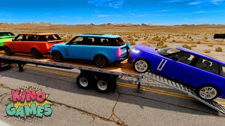 Flatbed Trailer Cars Transportation with Truck  Speedbumps vs Cars vs Train  BeamNGDrive [upl. by Ahtamas]