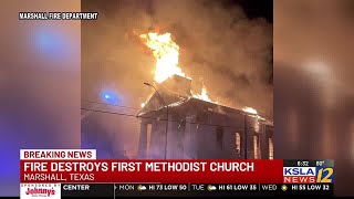 Firefighters work to extinguish blaze at historic Marshall church [upl. by Anatol]