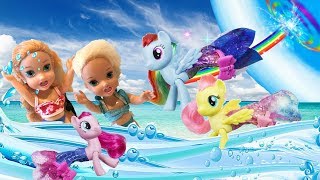 Anna and Elsa Toddlers Meet My Little Pony Mermaids Barbie Boat Swimming Pool Toys Dolls Sea Ponies [upl. by Hairas]