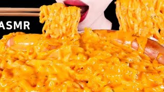 Mellawnie ASMR cheesy carbo noodles fried sausages Mukbang bites only [upl. by Nosmas]