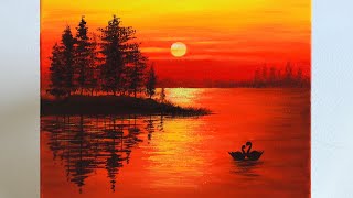 Sunset Painting  Sunset Painting for Beginners  Sunset on the Lake Acrylic Painting [upl. by Ibmat]