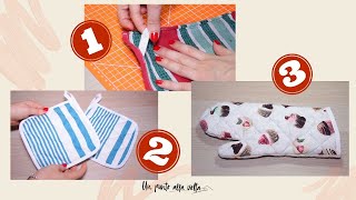 3 tutorial di cucito DIY per la casa strofinacci presine e guanto da forno con avanzi di tessuto [upl. by Ahsirat]