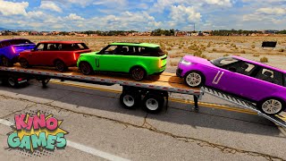 Flatbed Trailer Cars Transportation with Truck  Speedbumps vs Cars vs Train  BeamNGDrive [upl. by Sabian429]