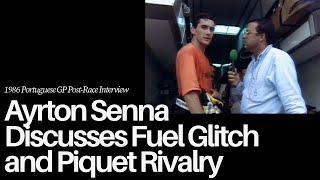 1986 Portuguese GP PostRace Interview Ayrton Senna Discusses Fuel Glitch and Piquet Rivalry [upl. by Bonnell]