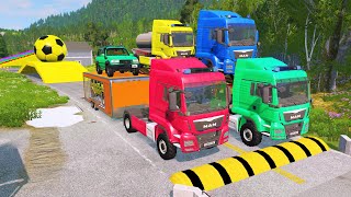 Double Flatbed Trailer Truck vs Speedbumps Train vs Cars  Tractor vs Train BeamngDrive 062 [upl. by Aufmann589]