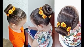 Penteado Infantil rápido com trança raíz e coque rosquinha  Hair style for girls [upl. by Rox]