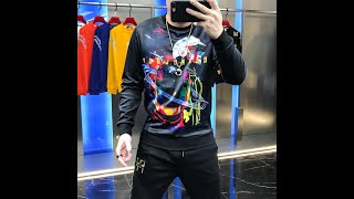 Man 2020 new autumn fashion personality astronaut character print hot diamond slim fitting crew neck [upl. by Anilac]