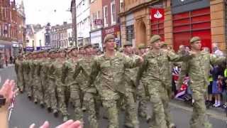 2 Mercian Queens Royal Hussars and Grenadier Guards march in Worcester [upl. by Finnegan]