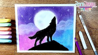 Cómo dibujar un paisaje nocturno LOBO Y LUNA con TIZAS PASTEL pastel seco  Paso a paso [upl. by Dlorej567]