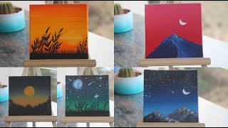 5 Paintings For Beginners  Complete Guide on Blending Techniques  Painting on 5 Tiny Canvases [upl. by Asiil]