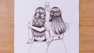 Easy Drawing  Two friends are taking a selfie  Best friends  BFF  besties Pencil sketch [upl. by Arakat]