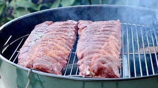 How to smoke BBQ ribs with the Slow N Sear and kettle  baby back or spareribs [upl. by Mansfield]