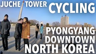 NORTH KOREA  CYCLING THROUGH THE MOST ICONIC TOWER IN PYONGYANG CITY [upl. by Dnomde]