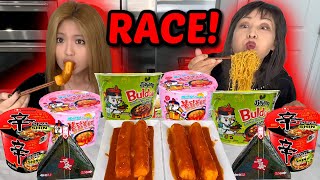 SPICY NOODLES RACE WITH GIANT TTEOKBOKKI amp full week of eating [upl. by Atteynot]