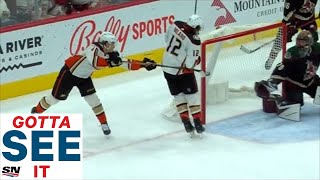 GOTTA SEE IT Trevor Zegras Scores Unbelievable LacrosseStyle Goal Against Coyotes [upl. by Ardnoel]