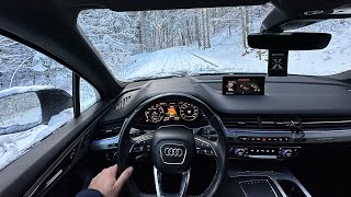 Audi Q7 4M ETron 374 hp Snow POV DRIVE Onboard 4K60FPS on Unknown Road in the Forest [upl. by Amersham]