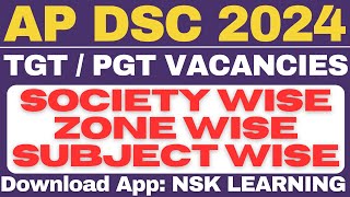 AP DSC TGT PGT SOCIETY WISE ZONE WISE SUBJECT WISE VACANCIES 2024 [upl. by Otis]