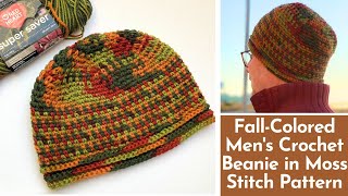 🍁FallColored Mens Crochet Beanie in Moss Stitch Pattern🍁Red Heart Fall ball🍁Free written pattern🍁 [upl. by Mary]