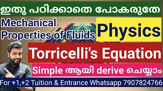 Mechanical Properties of Fluids Torricellis Equation Simple Derivation Plus one Physics [upl. by Aiuqat]