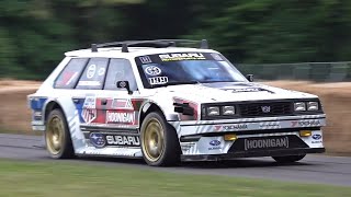 Travis Pastrana 860HP Subaru GL Wagon Gymkhana Car with Active Aero driven FLATOUT at FOS Goodwood [upl. by Dania]