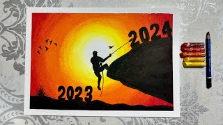 New Year Drawing Very Easy 2024 Drawing New Year Drawing with Oil Pastel [upl. by Vedis]