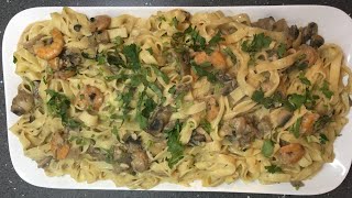 Tagliatelles au crevette et champignons à la sauce crémeuse😋 تاجلياتيل مع الجمبري😋 [upl. by Jerrylee]