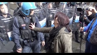 Bologna donna spinge un poliziotto durante il corteo antifascista e viene trascinata a terra [upl. by Nylitak]