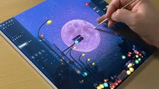 Full Moon Cityscape Painting  Acrylic Painting for Beginners [upl. by Riccardo]