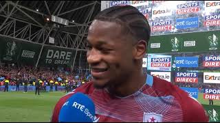 MAN OF THE MATCH ELICHA AHUI SPEAKS AFTER DROGHEDA UNITED V DERRY CITY  2024 FAI CUP FINAL [upl. by Yehtomit351]