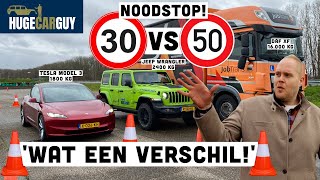 NOODSTOP bij 30 vs 50 kmh  Zo veel veiliger is het  HUGE Car Guy Brake Test met oa Tesla Model 3 [upl. by Harli837]