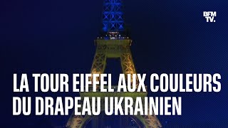 La tour Eiffel illuminée aux couleurs du drapeau ukrainien à loccasion de la Journée de l’Europe [upl. by Keane]