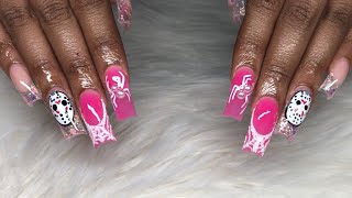 Pink Jason Halloween Nails  Acrylic nails tutorials [upl. by Linson969]