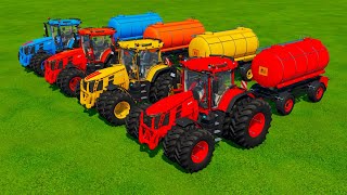 TRANSPORT JOHN DEERE amp CLAAS amp JCB FASTRAC amp CASE TRACTORS amp FLATBED TRAILER w TESLA TRUCK FS22 [upl. by Ellak]