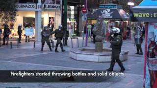 Riot dog stands his ground as Greek firefighters protest in Central AthensMarch 26 2009 [upl. by Reffinnej536]